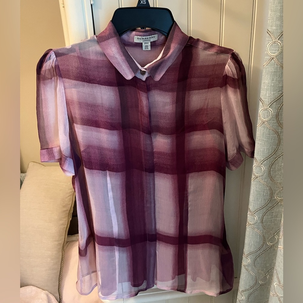 Burberry London Silk Purple Sheer Plaid Short-Sleeve Button-up Blouse Set